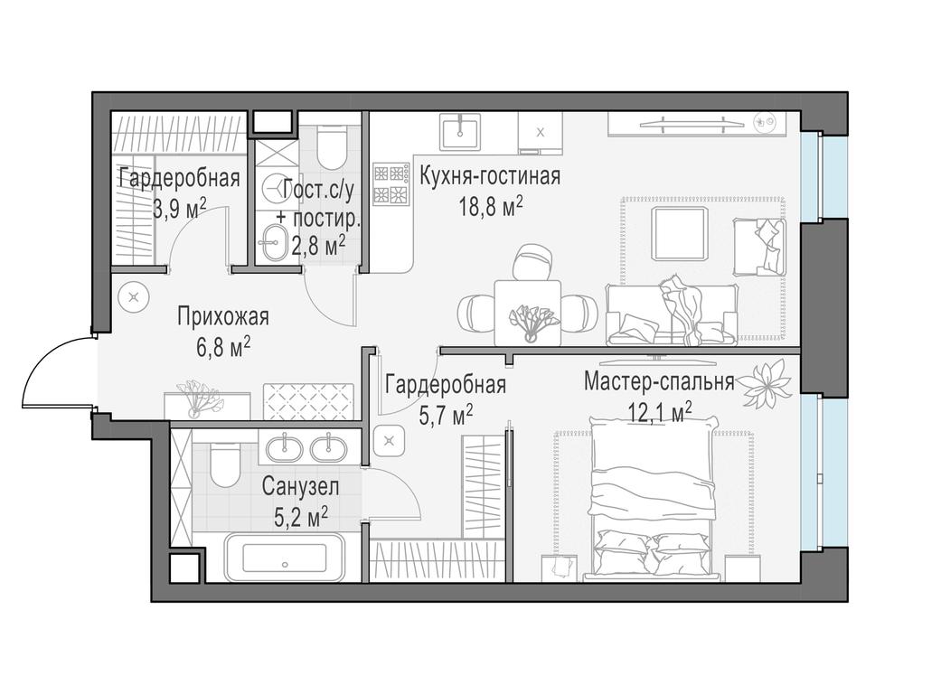 1-BD Apartment Sale, 55.8 sq. m. at Foriver, Simonovskaya Embankment, 3к1, Moscow, Russia #1