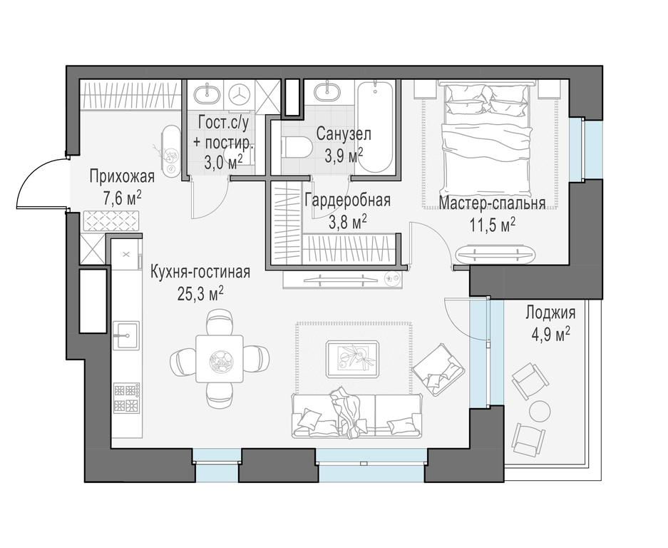 1-BD Apartment Sale, 57.9 sq. m. at Foriver, Simonovskaya Embankment, 3к1, Moscow, Russia #1