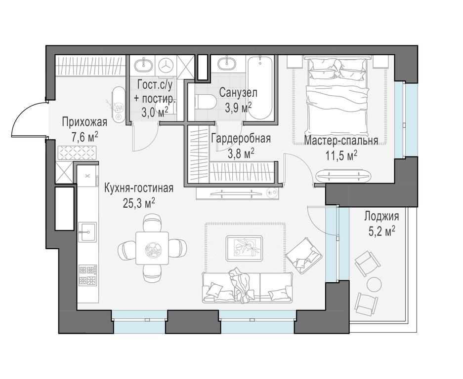 1-BD Apartment Sale, 57.8 sq. m. at Foriver, Simonovskaya Embankment, 3к1, Moscow, Russia #1