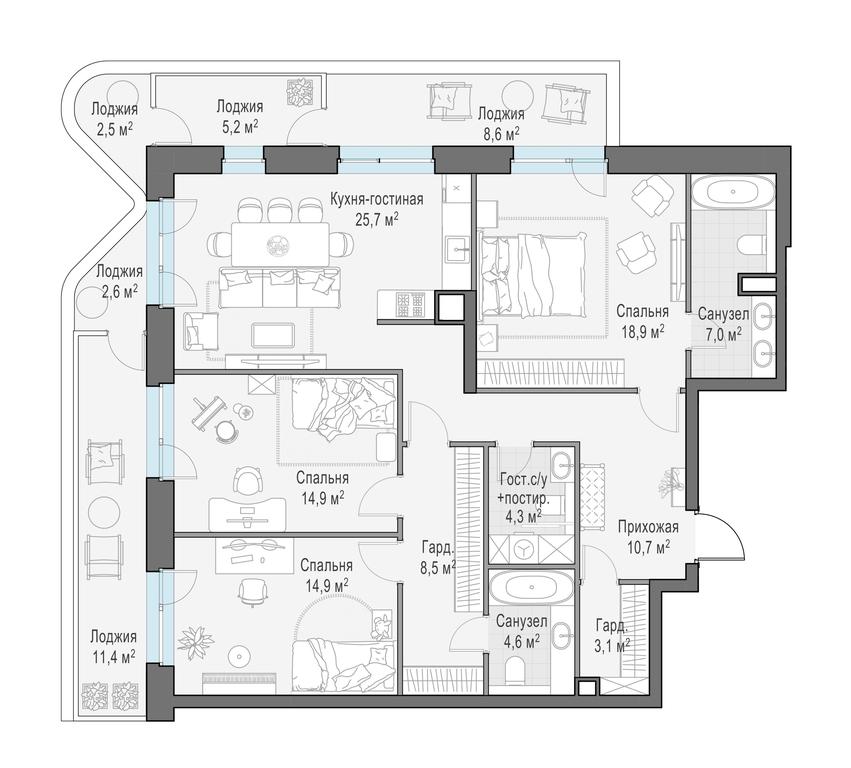 2-BD Apartment Sale, 127.2平方米 at Foriver, Simonovskaya Embankment, 3к1, Moscow, Russia #1