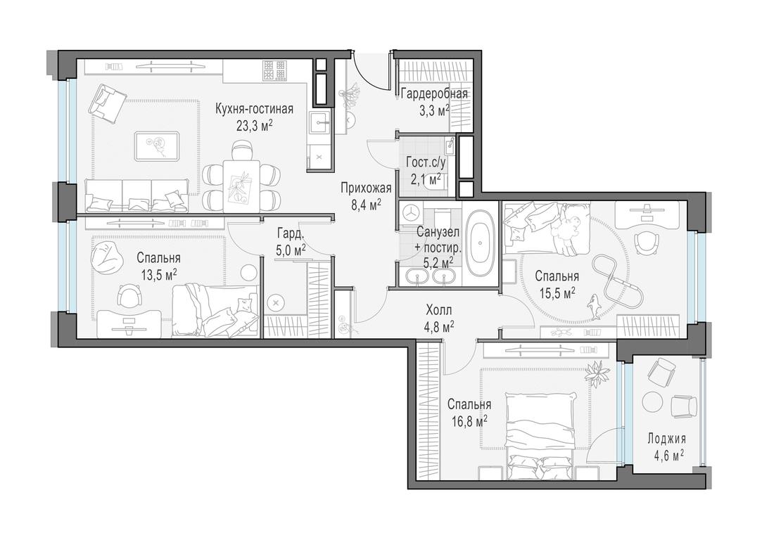 2-BD Apartment Sale, 101.3平方米 at Foriver, Simonovskaya Embankment, 3к1, Moscow, Russia #1