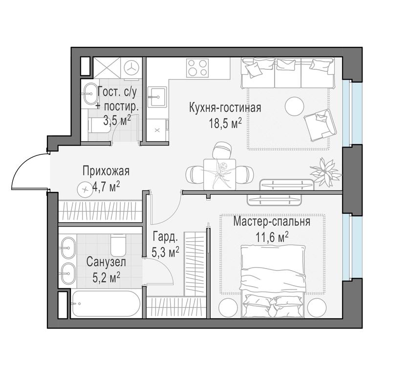 1-BD Apartment Sale, 49.3 sq. m. at Foriver, Simonovskaya Embankment, 3к1, Moscow, Russia #1
