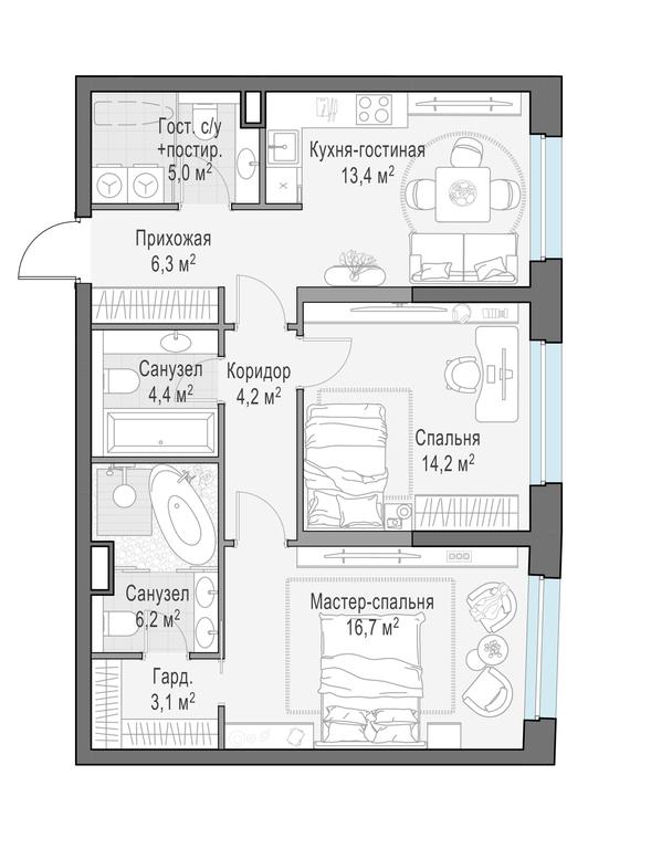 1-BD Apartment Sale, 74 sq. m. at Foriver, Simonovskaya Embankment, 3к1, Moscow, Russia #1
