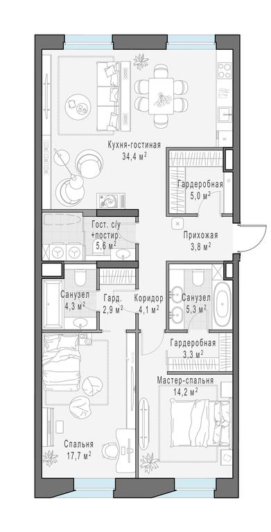 2-BD Apartment Sale, 101.3平方米 at Foriver, Simonovskaya Embankment, 3к1, Moscow, Russia #1