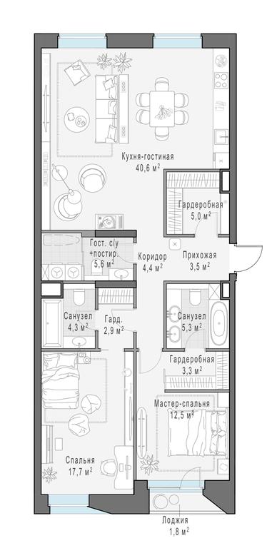 2-BD Apartment Sale, 106.5平方米 at Foriver, Simonovskaya Embankment, 3к1, Moscow, Russia #1