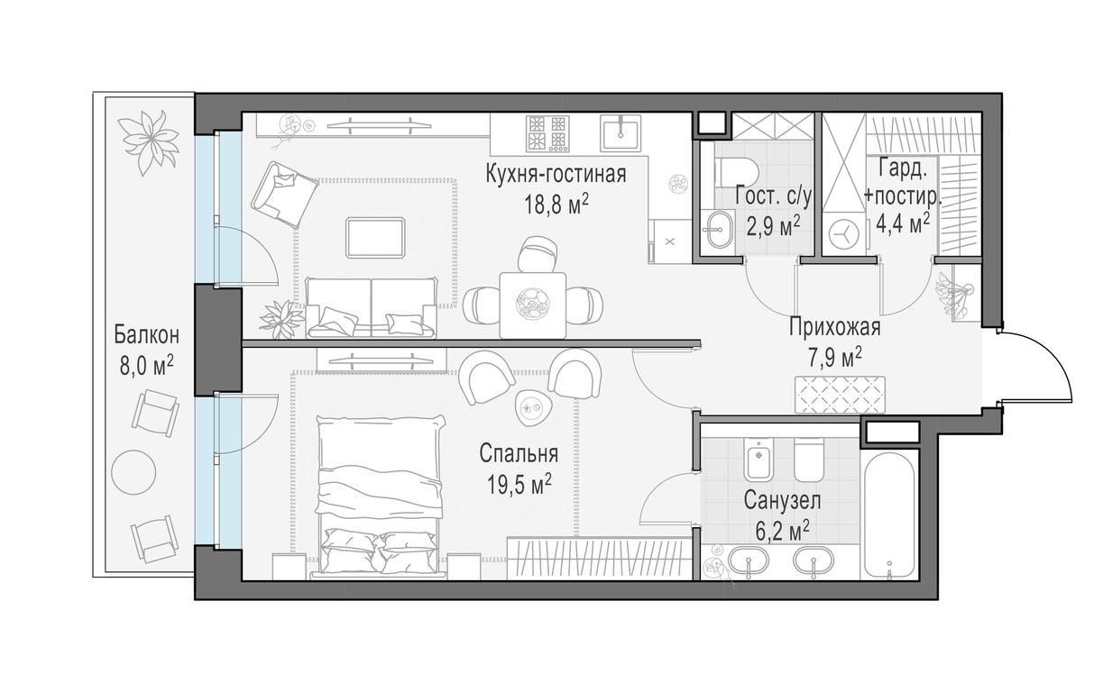 1-BD Apartment Sale, 62.4 sq. m. at Foriver, Simonovskaya Embankment, 3к1, Moscow, Russia #1