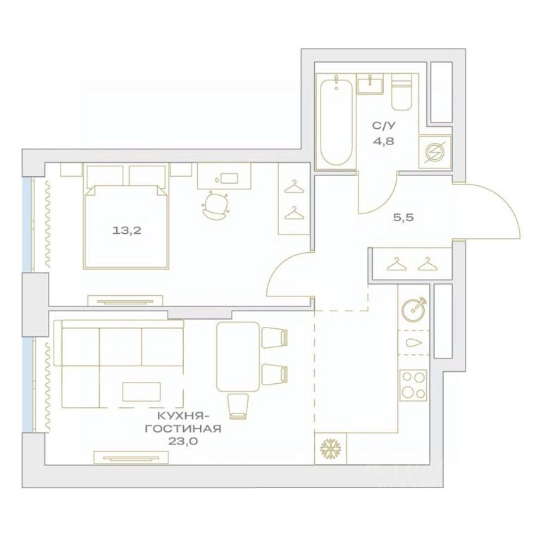 1-BD Apartment Sale, 46.5平方米 at Detali, zhiloy kompleks Detali, Maryino Settlement, Filimonkovskoye Municipal Formation, Moscow, Russia #1