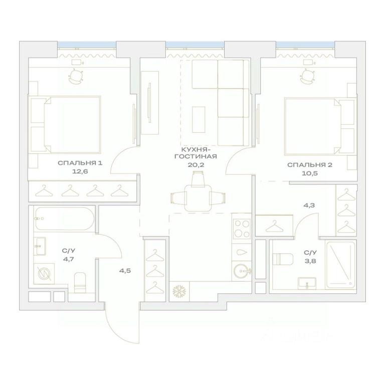 2-BD Apartment Sale, 60.6平方米 at Detali, zhiloy kompleks Detali, Maryino Settlement, Filimonkovskoye Municipal Formation, Moscow, Russia #1