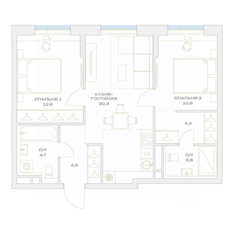 2-BD Apartment Sale, 60.9平方米 at Detali, zhiloy kompleks Detali, Maryino Settlement, Filimonkovskoye Municipal Formation, Moscow, Russia #1