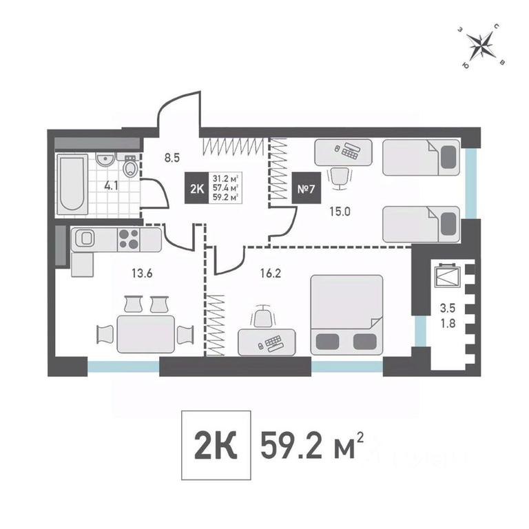 1-BD Apartment Sale, 59.2平方米 at Zelenograd Rivera, ulitsa Lyotchika Polagushina, Zelenograd, Moscow, Russia #1