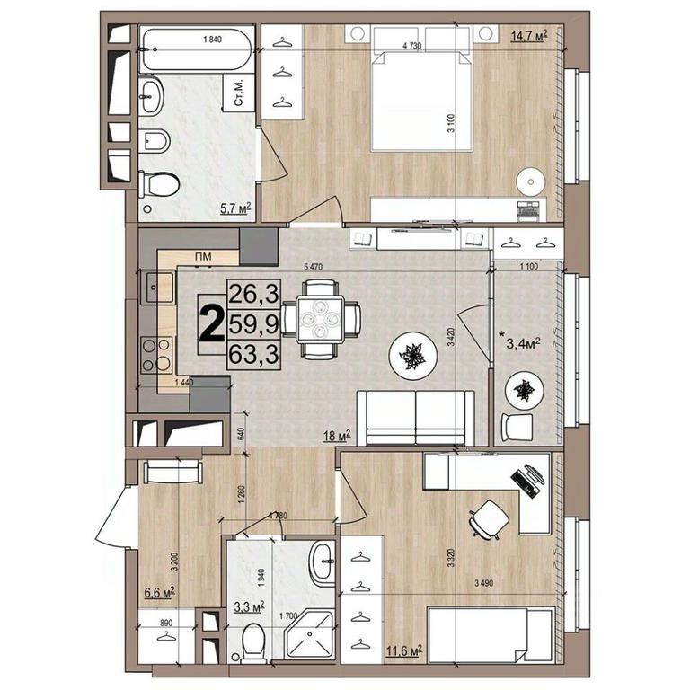 1-BD Apartment Sale, 63.3平方米 at Grand Komfort, Gudkova Street, Zhukovsky, Moscow Region, Russia #1