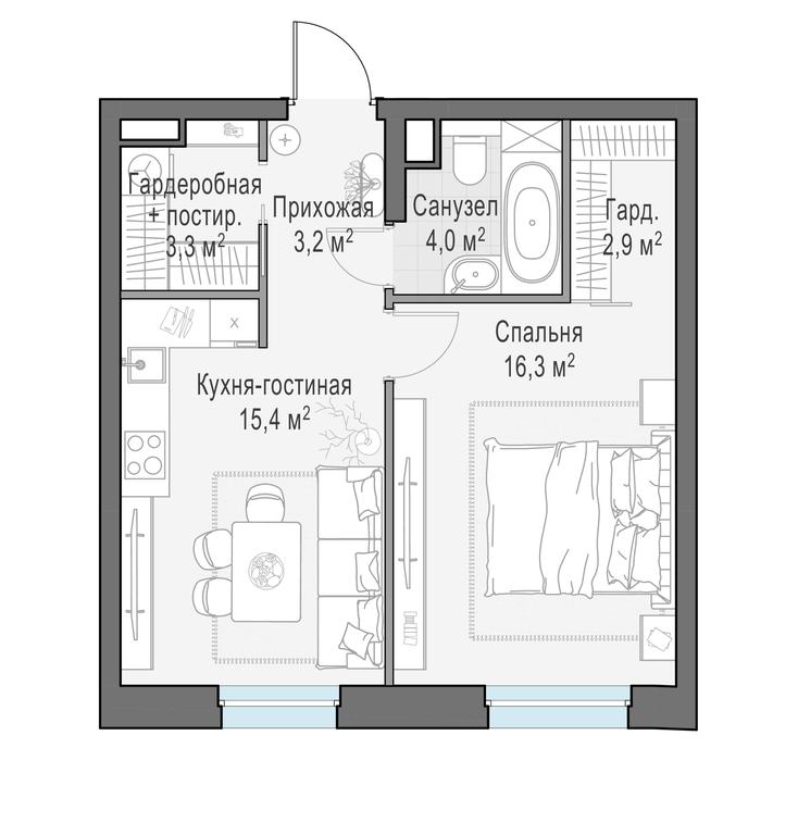1-BD Apartment Sale, 45.5平方米 at Foriver, Simonovskaya Embankment, 3к1, Moscow, Russia #1