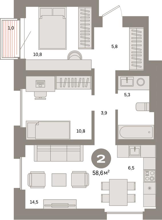 2-BD Apartment Sale, 58.6 sq. m. at Kvartal Metronom, Tagilskaya Street, Moscow, Russia #1