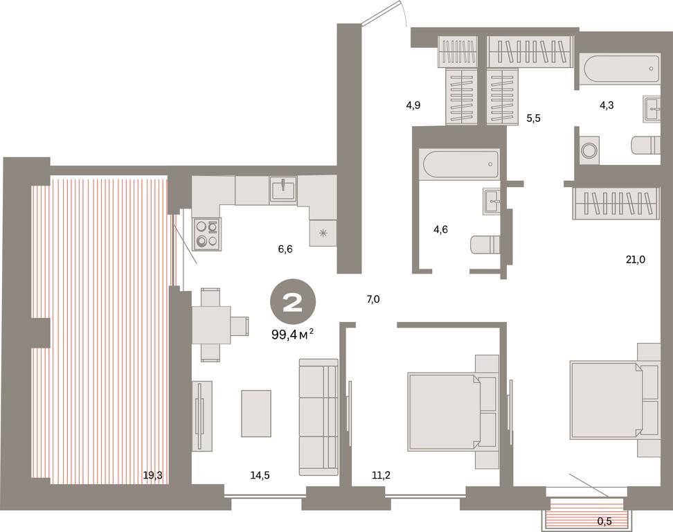 2-BD Apartment Sale, 99.4平方米 at Kvartal Metronom, Tagilskaya Street, Moscow, Russia #1