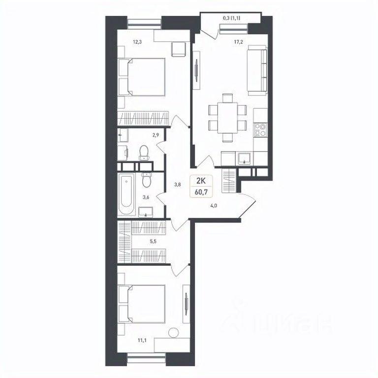 1-BD Apartment Sale, 60.7 sq. m. at Novaya Shcherbinka, Borisovka Village, Podolsk City District, Moscow Region, Russia #1