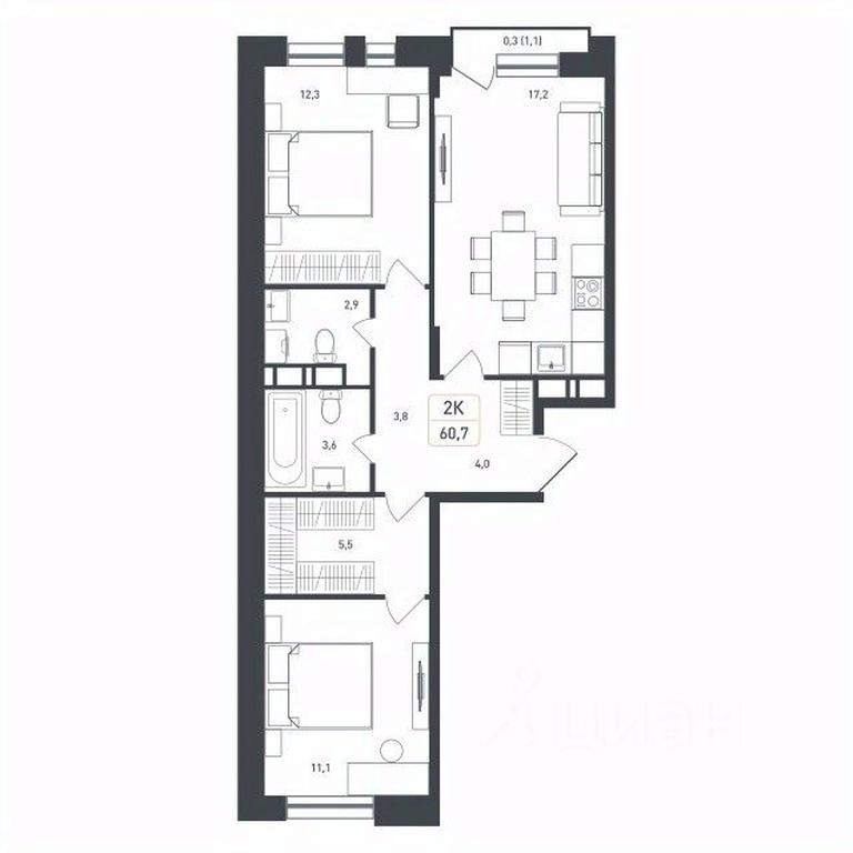 1-BD Apartment Sale, 60.7 sq. m. at Novaya Shcherbinka, Borisovka Village, Podolsk City District, Moscow Region, Russia #1