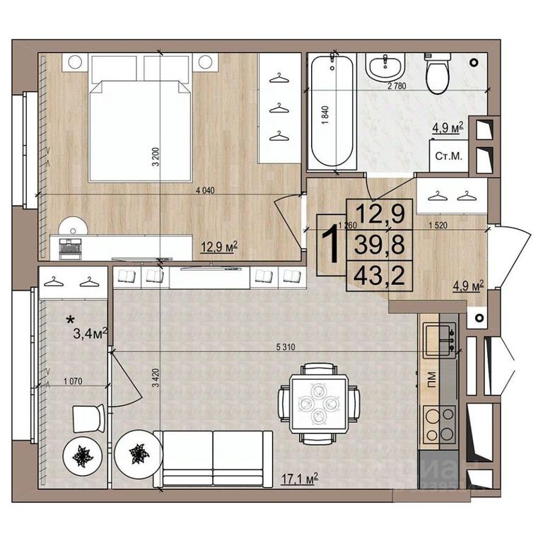 Apartment Sale, 43.2 sq. m. at Grand Komfort, Gudkova Street, Zhukovsky, Moscow Region, Russia #1