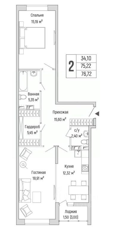 1-BD Apartment Sale, 76.72平方米 at Бузланово, Krasnogorsk Urban District, Moscow Region, Russia #1