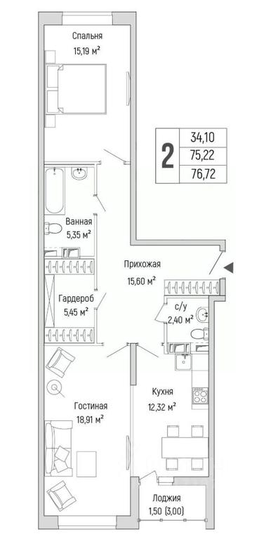 1-BD Apartment Sale, 76.72平方米 at Бузланово, Krasnogorsk Urban District, Moscow Region, Russia #1