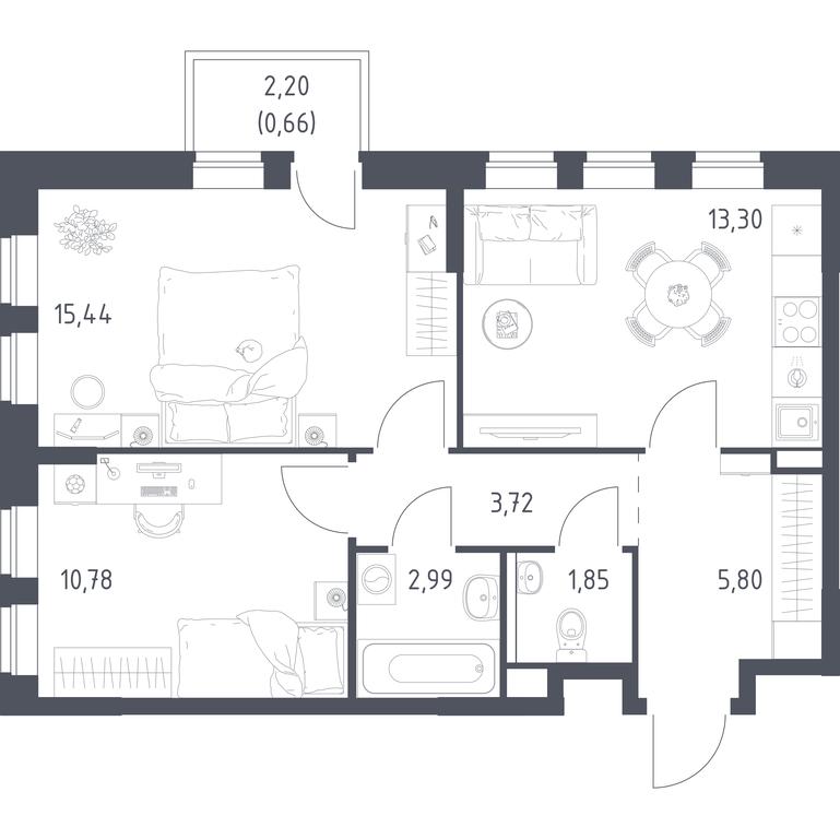 1-BD Apartment Sale, 54.54 sq. m. at Prigorod Lesnoe, Molodyozhny bulvar, 6, derevnya Misaylovo, Leninskiy City District, Moscow Region, Russia #1
