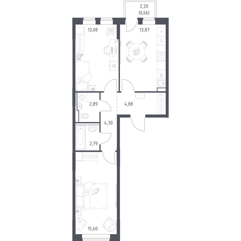 1-BD Apartment Sale, 58.07 sq. m. at Prigorod Lesnoe, Molodyozhny bulvar, 6, derevnya Misaylovo, Leninskiy City District, Moscow Region, Russia #1