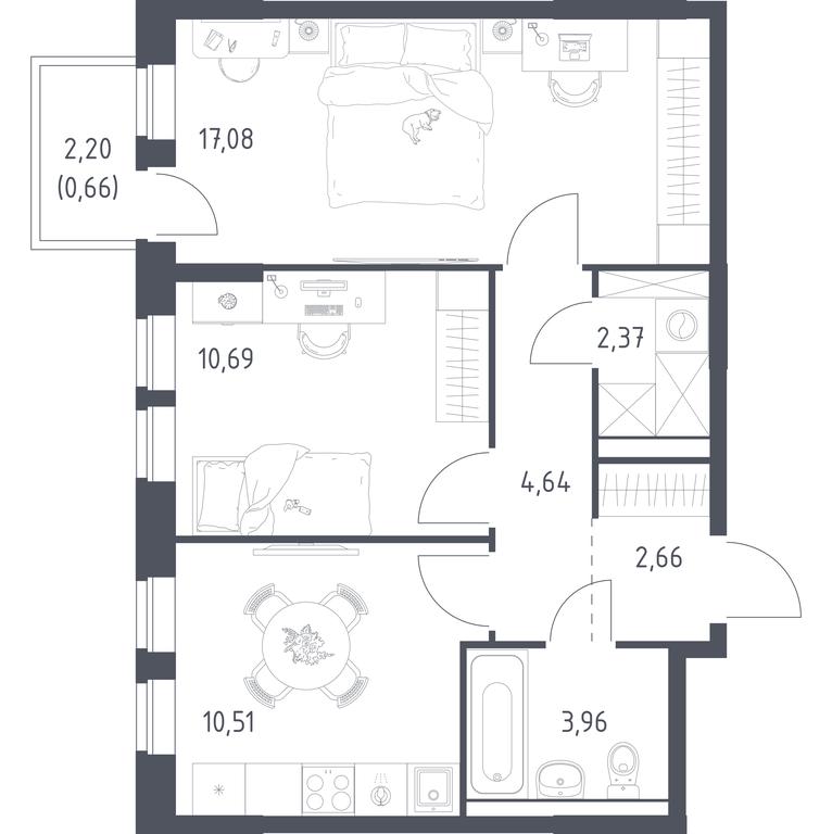 1-BD Apartment Sale, 52.57 sq. m. at Prigorod Lesnoe, Molodyozhny bulvar, 6, derevnya Misaylovo, Leninskiy City District, Moscow Region, Russia #1