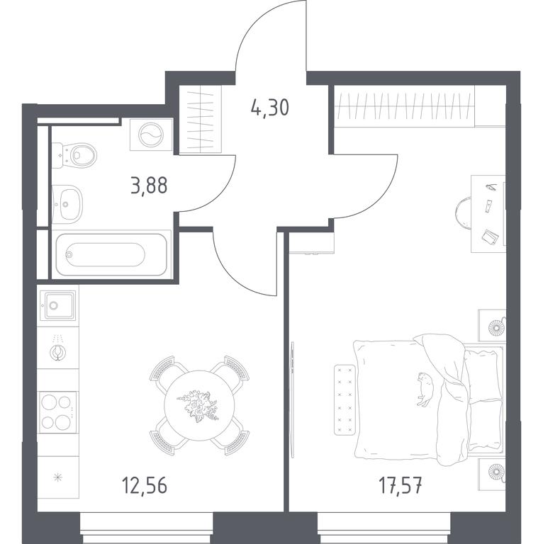 Apartment Sale, 38.31平方米 at Pribrezhnyi Park, Pribrezhniy Park Residential Complex, Village of Yam, Domodedovo City District, Moscow Region, Russia #1