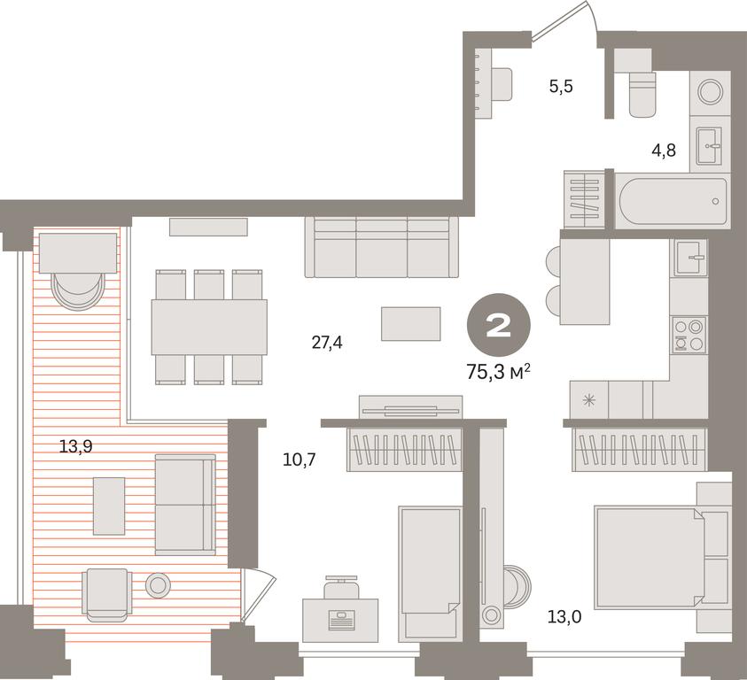 2-BD Apartment Sale, 75.3平方米 at Kvartal «MONS», Ogorodny Drive, Moscow, Russia #1