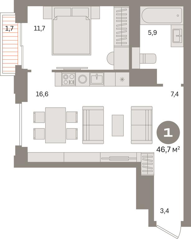 1-BD Apartment Sale, 46.7平方米 at Kvartal «MONS», Ogorodny Drive, Moscow, Russia #1