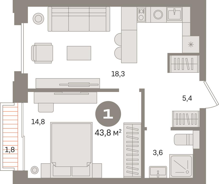 1-BD Apartment Sale, 43.8平方米 at Kvartal «MONS», Ogorodny Drive, Moscow, Russia #1