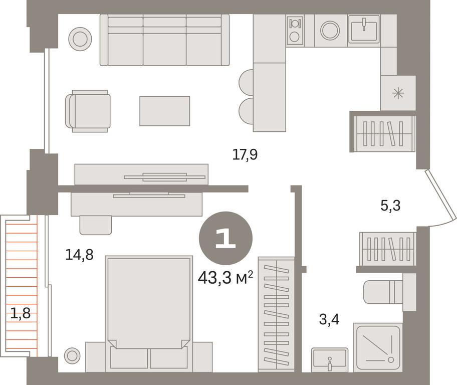 1-BD Apartment Sale, 43.3平方米 at Kvartal «MONS», Ogorodny Drive, Moscow, Russia #1