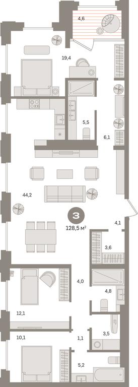 3-BD Apartment Sale, 128.5平方米 at Kvartal «MONS», Ogorodny Drive, Moscow, Russia #1