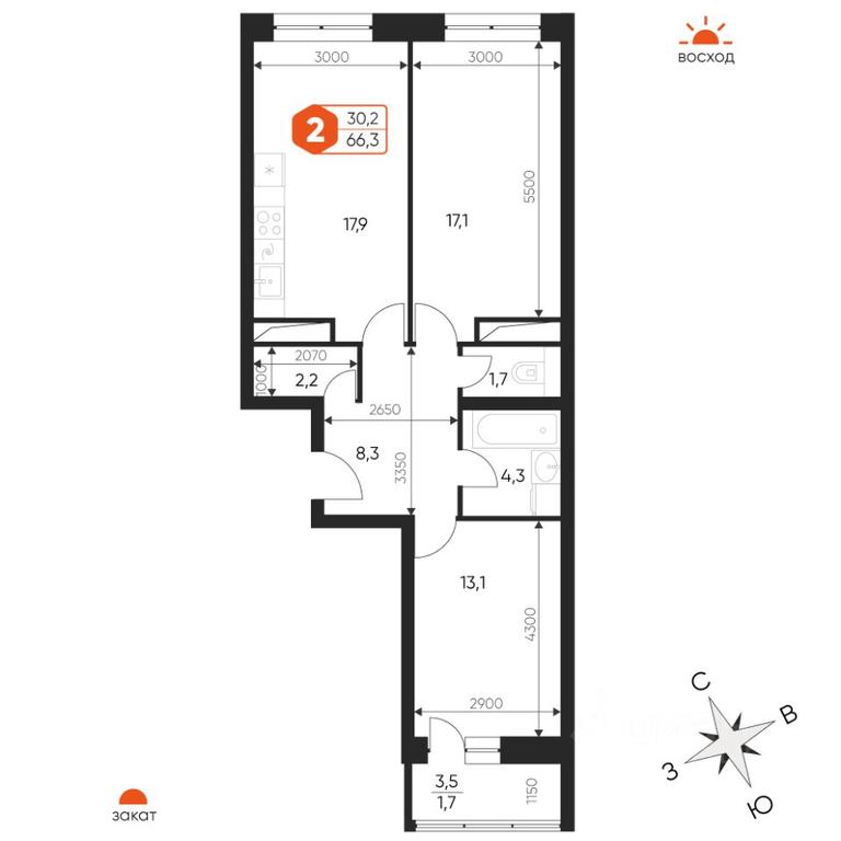 2-BD Apartment Sale, 66.3平方米 at Ideal, Proyektnaya ulitsa, Gagarina Microdistrict, Balashikha, Moscow Region, Russia #1