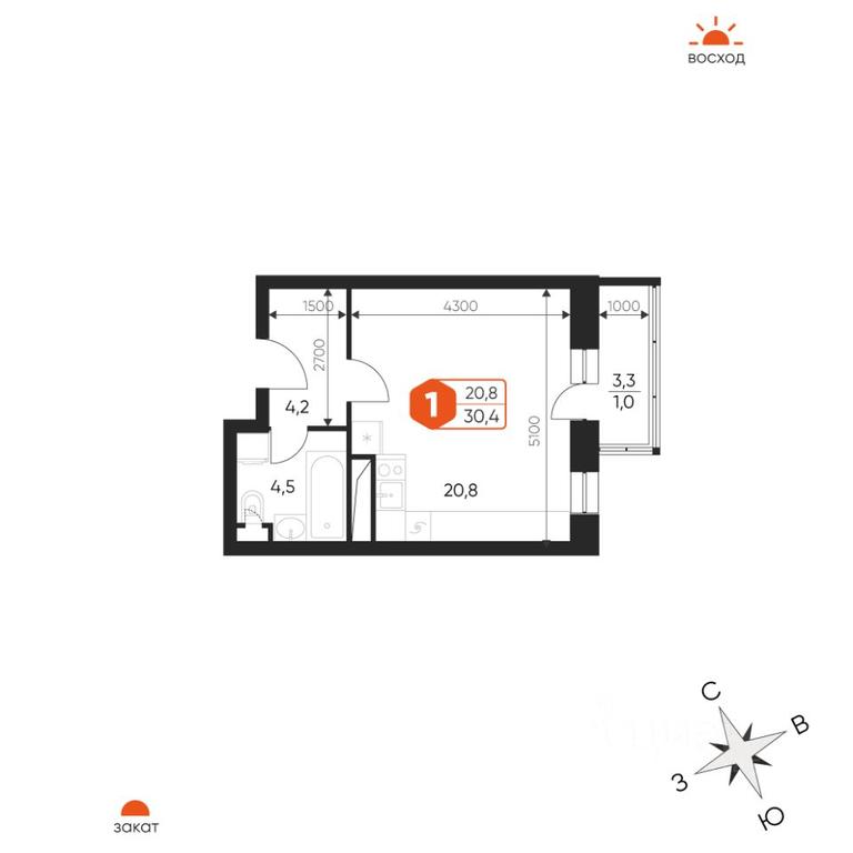 Apartment Sale, 30.4平方米 at Ideal, Proyektnaya ulitsa, Gagarina Microdistrict, Balashikha, Moscow Region, Russia #1