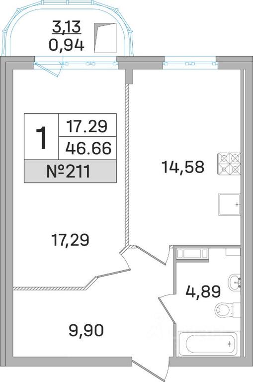 Apartment Sale, 46.4平方米 at Dom-Megalit v Korolyove, Kalinina Street, 11, Korolyov, Moscow Region, Russia #1