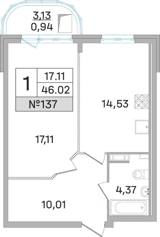Apartment Sale, 45.7平方米 at Dom-Megalit v Korolyove, Kalinina Street, 11, Korolyov, Moscow Region, Russia #1