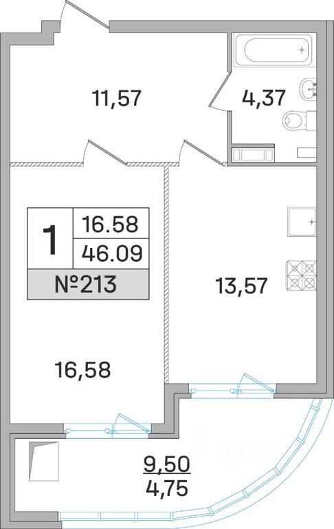 Apartment Sale, 46.2平方米 at Dom-Megalit v Korolyove, Kalinina Street, 11, Korolyov, Moscow Region, Russia #1