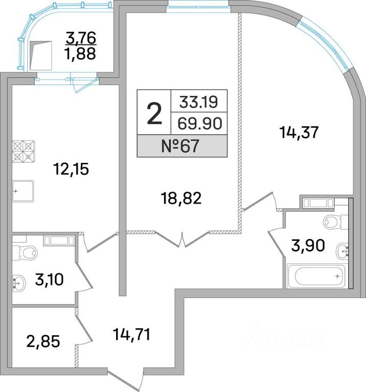 1-BD Apartment Sale, 69.3 sq. m. at Dom-Megalit v Korolyove, Kalinina Street, 11, Korolyov, Moscow Region, Russia #1