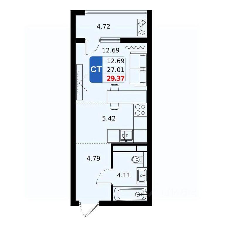 Apartment Sale, 29.37平方米 at Domodedovo park, Tvorchestva Street, Domodedovo Village, Domodedovo City District, Moscow Region, Russia #1
