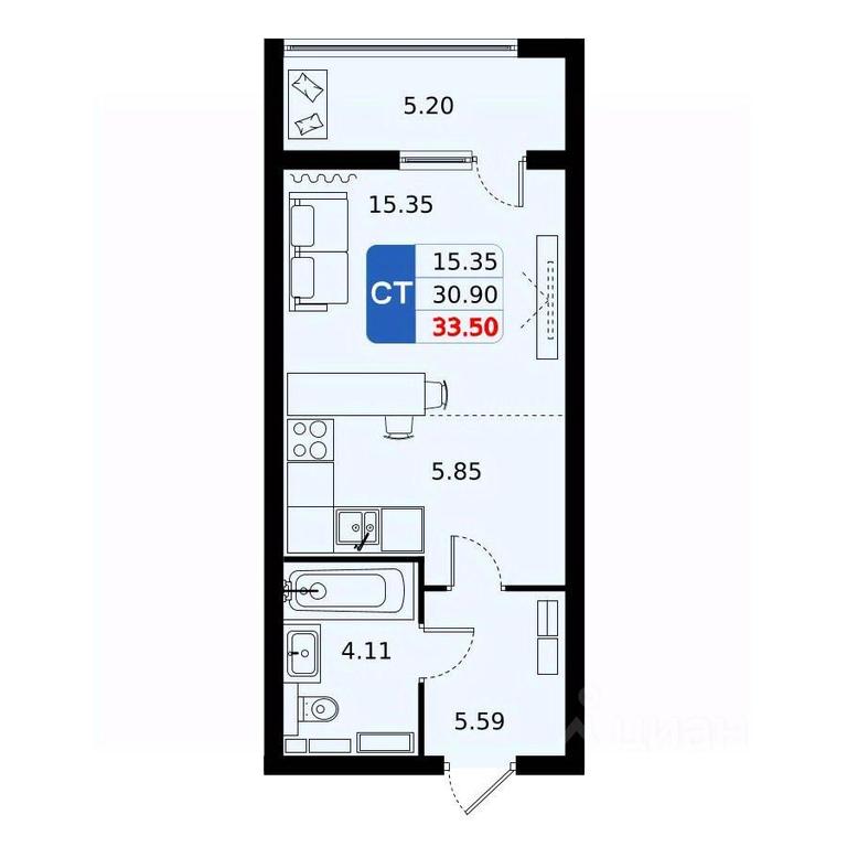 Apartment Sale, 33.5平方米 at Domodedovo park, Tvorchestva Street, Domodedovo Village, Domodedovo City District, Moscow Region, Russia #1