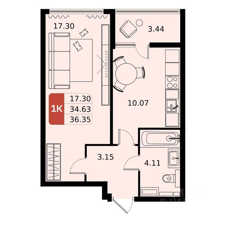 Apartment Sale, 36.35平方米 at Domodedovo park, Tvorchestva Street, Domodedovo Village, Domodedovo City District, Moscow Region, Russia #1