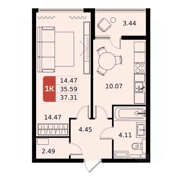 Apartment Sale, 37.31平方米 at Domodedovo park, Tvorchestva Street, Domodedovo Village, Domodedovo City District, Moscow Region, Russia #1