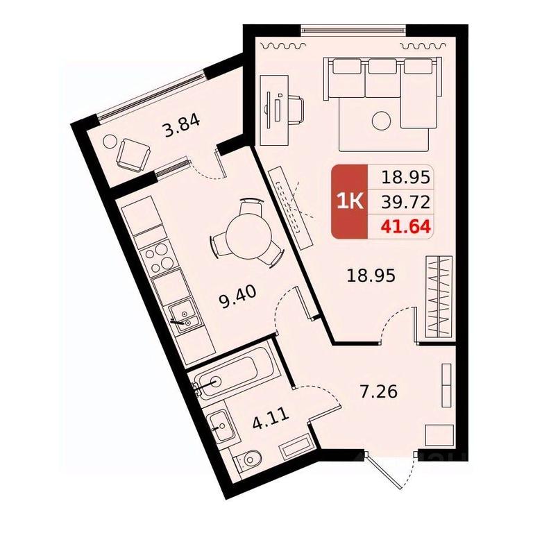 Apartment Sale, 41.64平方米 at Domodedovo park, Tvorchestva Street, Domodedovo Village, Domodedovo City District, Moscow Region, Russia #1