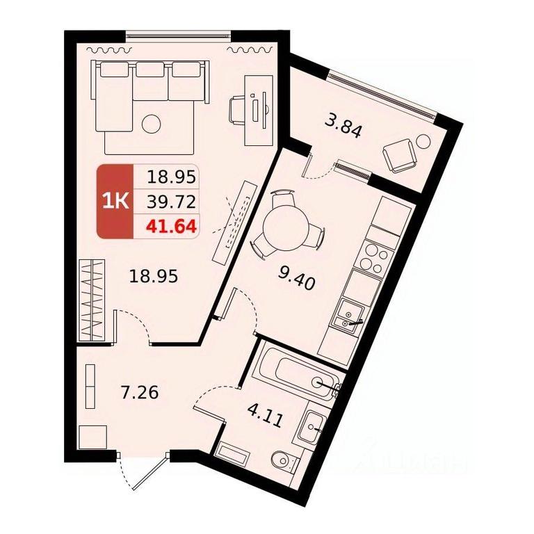 Apartment Sale, 41.64平方米 at Domodedovo park, Tvorchestva Street, Domodedovo Village, Domodedovo City District, Moscow Region, Russia #1