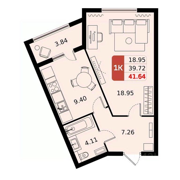 Apartment Sale, 41.64平方米 at Domodedovo park, Tvorchestva Street, Domodedovo Village, Domodedovo City District, Moscow Region, Russia #1