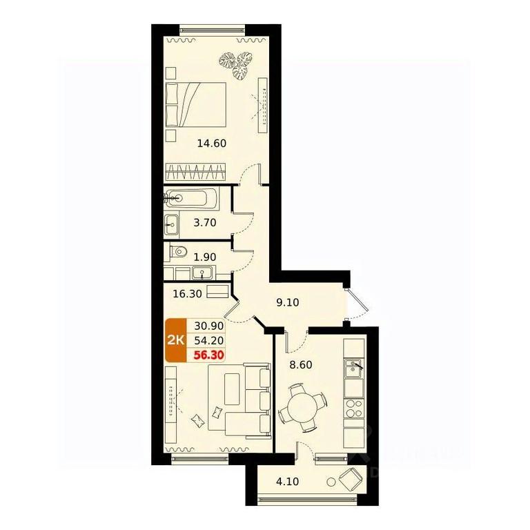 1-BD Apartment Sale, 56.3平方米 at Domodedovo park, Tvorchestva Street, Domodedovo Village, Domodedovo City District, Moscow Region, Russia #1
