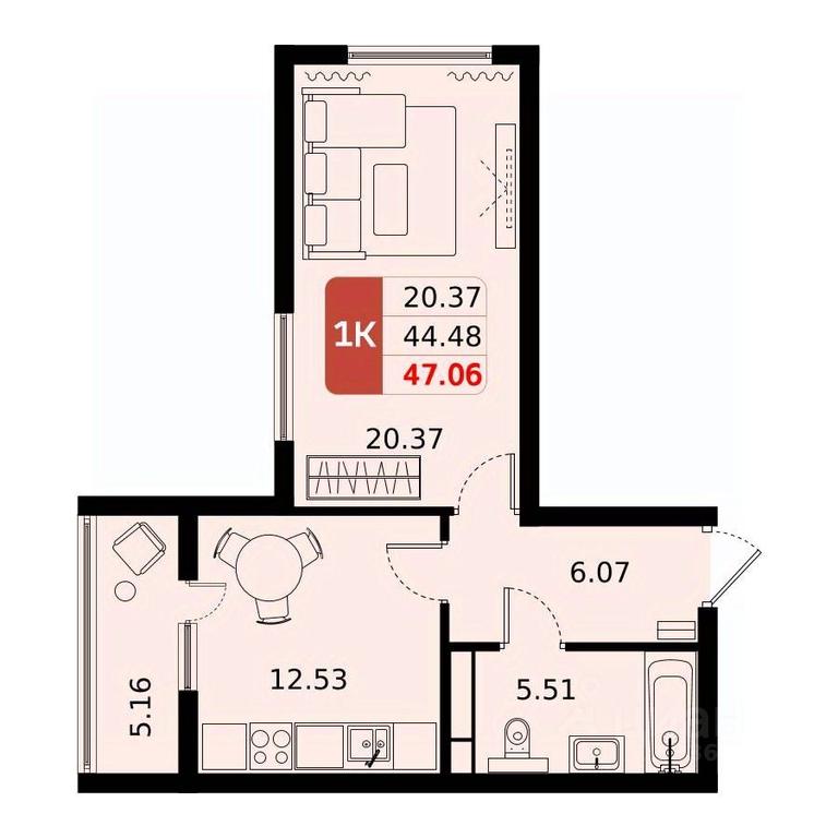 Apartment Sale, 47.06平方米 at Domodedovo park, Tvorchestva Street, Domodedovo Village, Domodedovo City District, Moscow Region, Russia #1