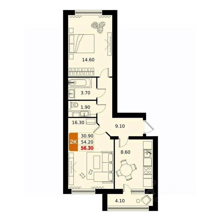 1-BD Apartment Sale, 56.3平方米 at Domodedovo park, Tvorchestva Street, Domodedovo Village, Domodedovo City District, Moscow Region, Russia #1