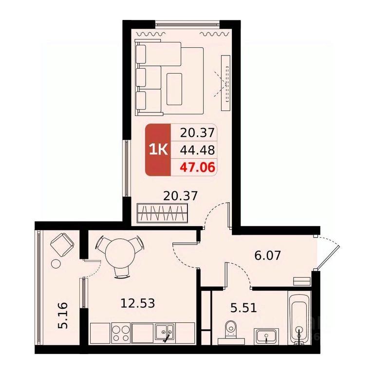 Apartment Sale, 47.06平方米 at Domodedovo park, Tvorchestva Street, Domodedovo Village, Domodedovo City District, Moscow Region, Russia #1