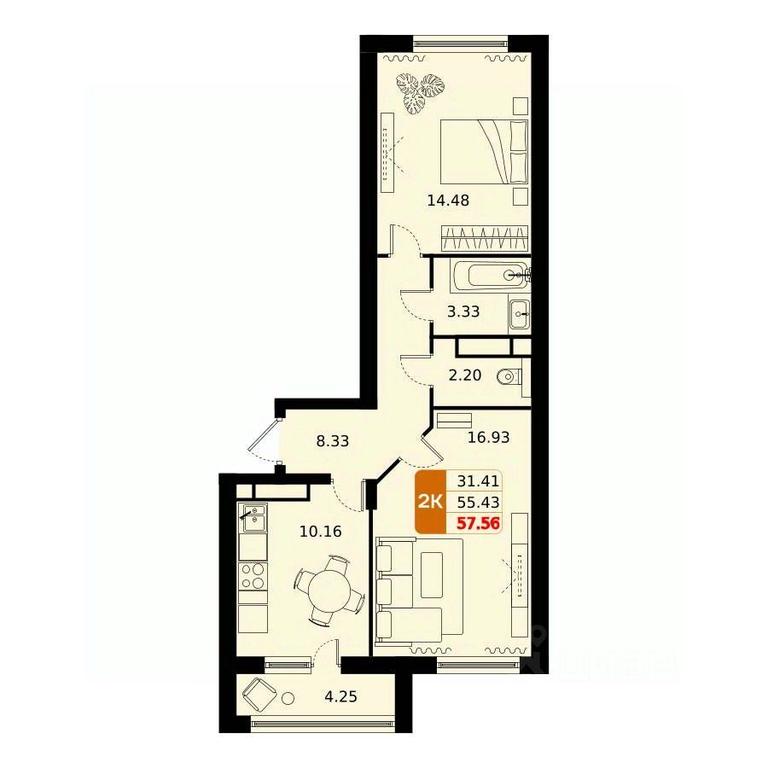 1-BD Apartment Sale, 57.56平方米 at Domodedovo park, Tvorchestva Street, Domodedovo Village, Domodedovo City District, Moscow Region, Russia #1